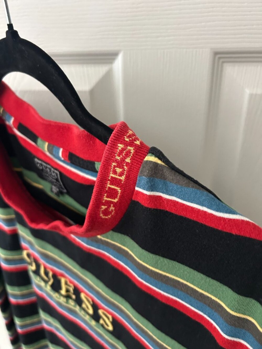 Guess Los Angeles Y2K Striped T Shirt Mens L Embroidered Logo Black Red Green - Picture 4 of 11